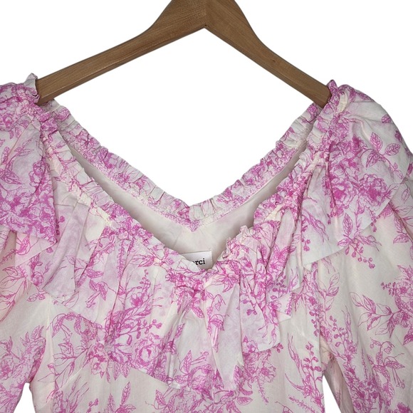 &Merci Womens Pink Floral Ruffled Cotton Mini Dress Puff Sleeve SZ M Coquette - Picture 3 of 12